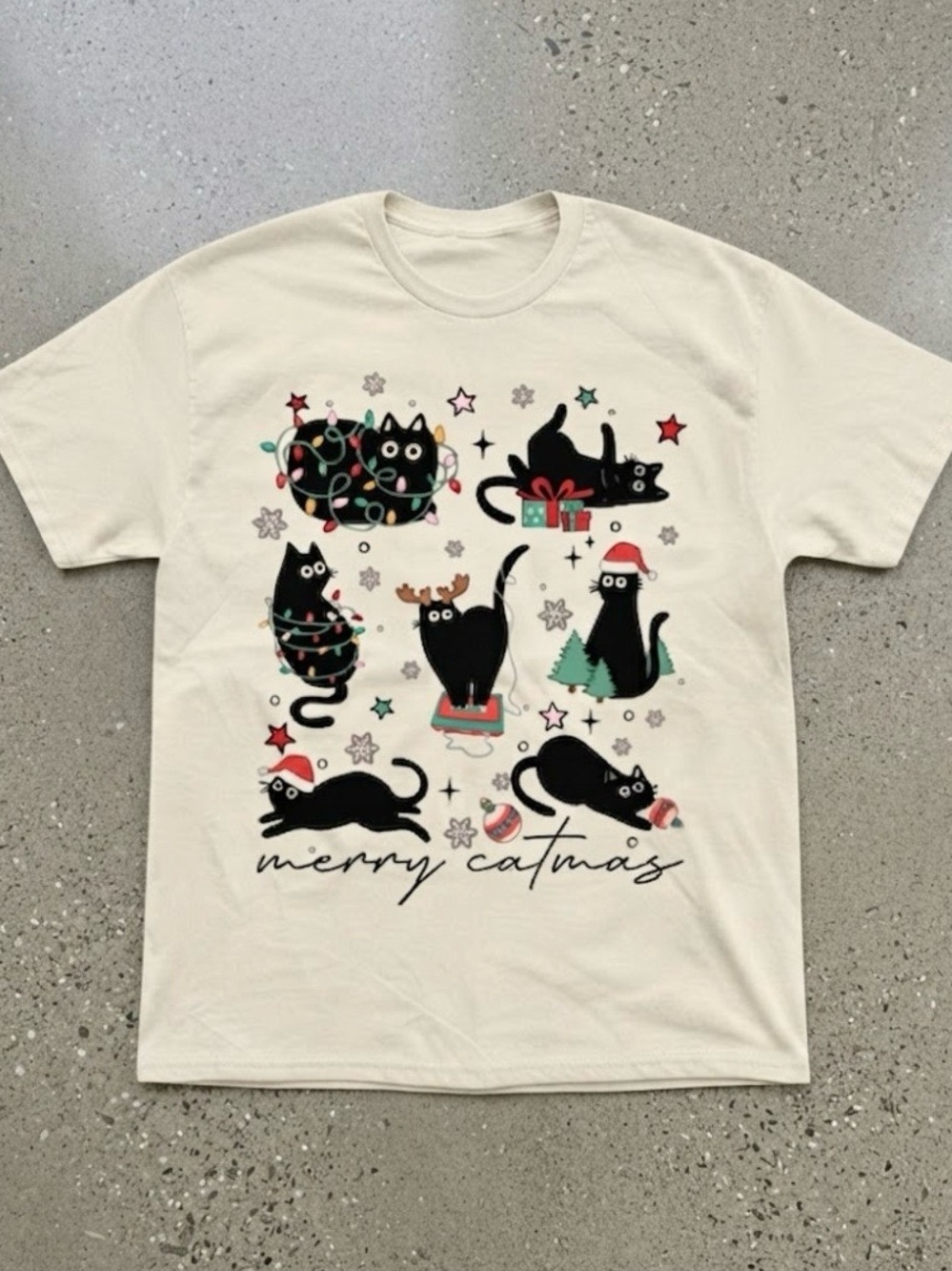 Merry Catmas Black Cats Christmas Graphic Cream Cotton Gildan T-Shirt
